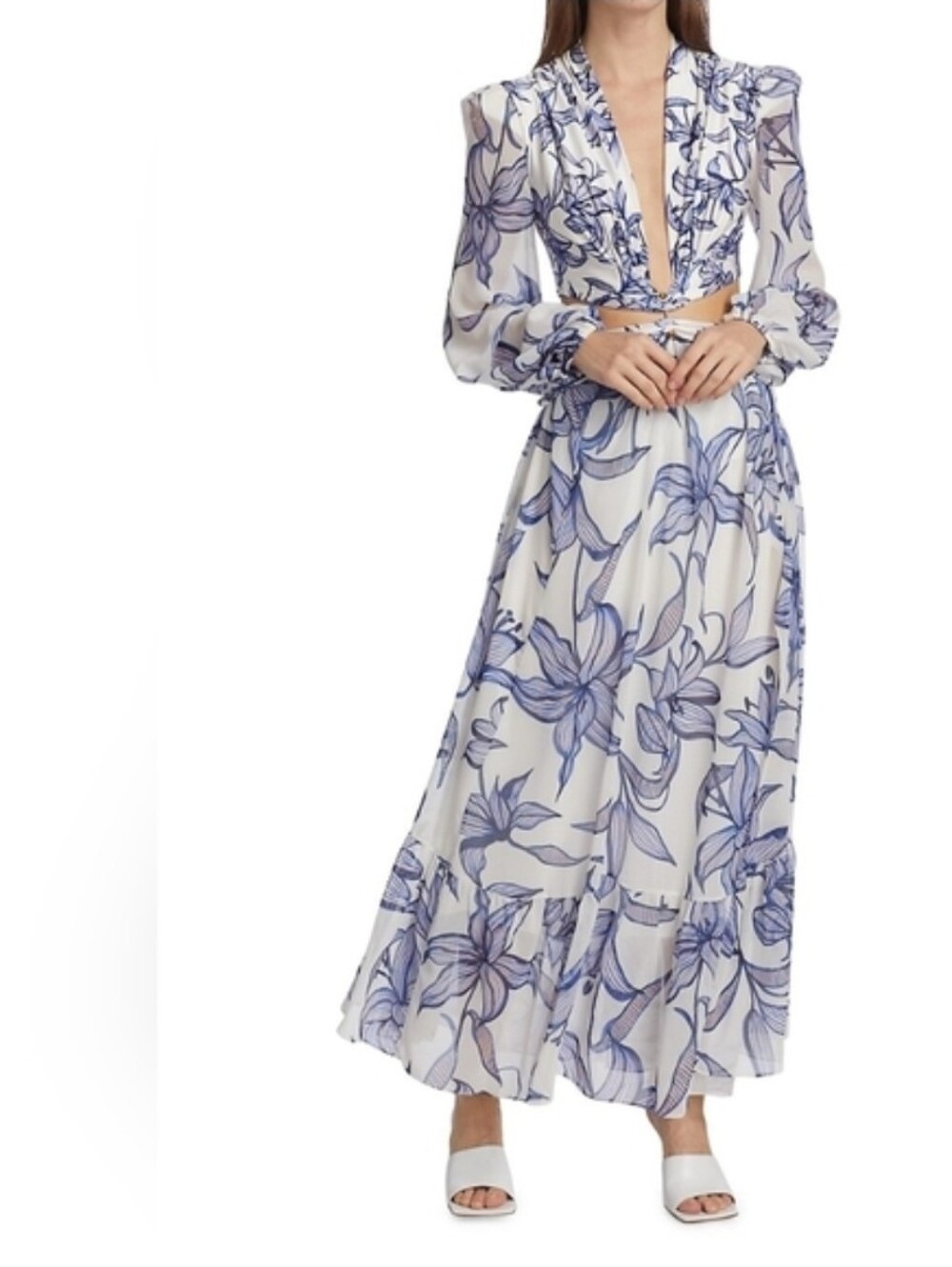 PatBo Floral V-Neck Long Sleeve Maxi Dress in Blue BRA 6 USA L 0052